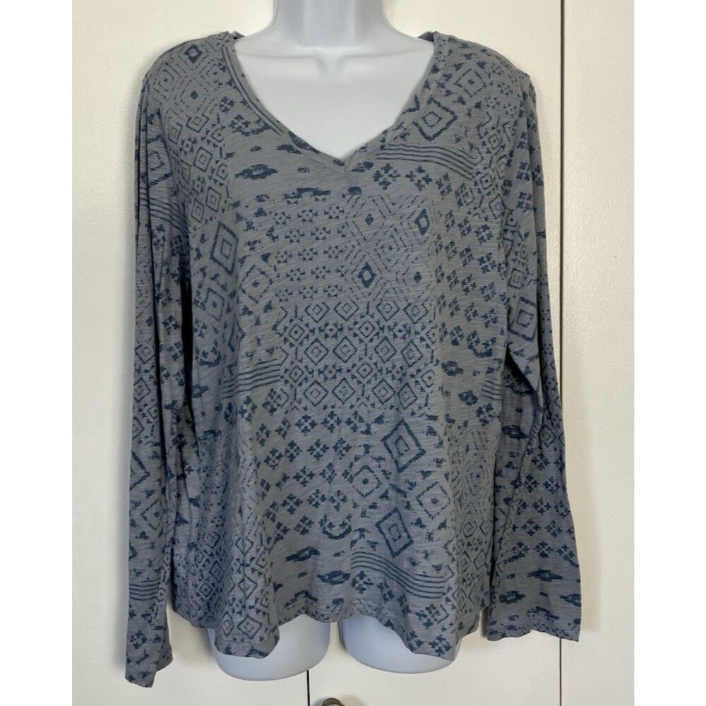 Sonoma Adaptive V Neck Blue Long Sleeved Aztek design Tee Large